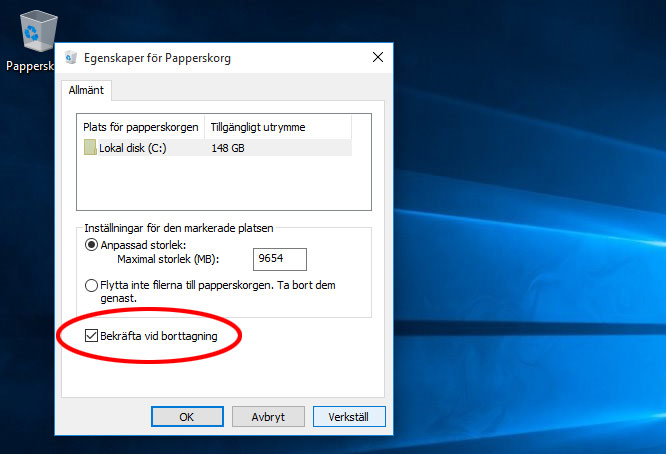 Windows 10 - Borttagning av fil - Bekräfta vid borttagning