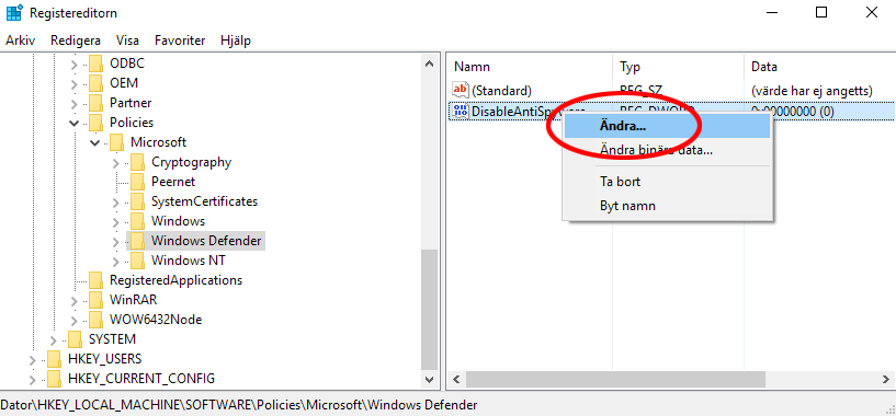 Windows 10 - AntiSpyWare - Ändra värde