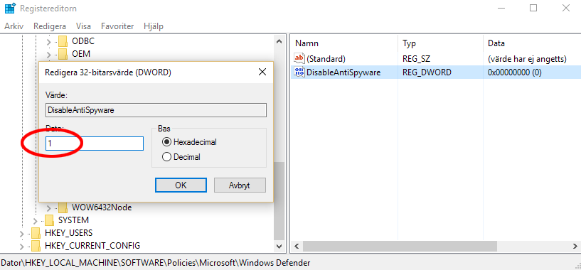 Windows 10 - Registret - DisableAntiSpyware - Value DWORD