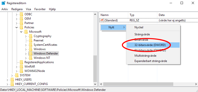 Windows 10 - Nytt DWORD - Registereditorn
