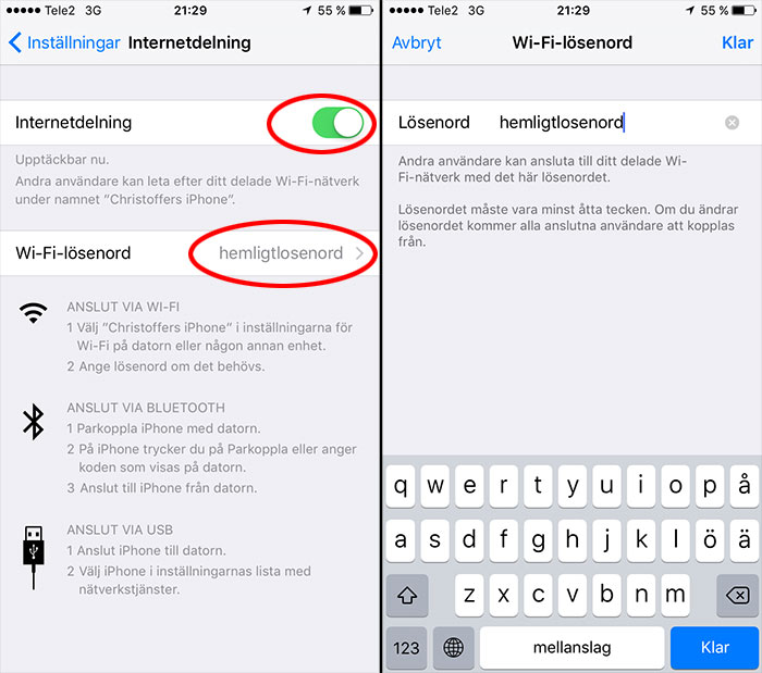 iPhone, iPad - Dela Internet Anslutningen - Ange ett lösenord