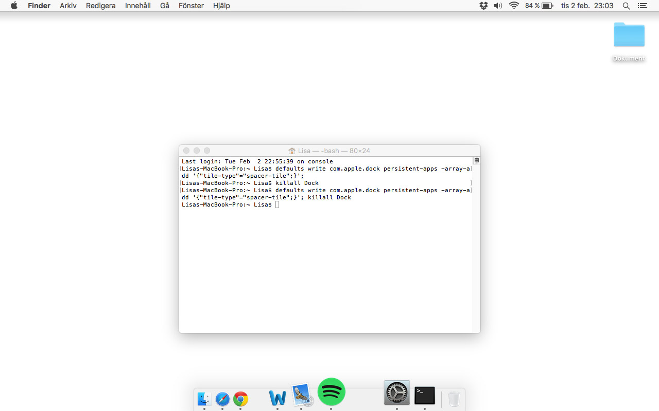 Terminal Mac OS X - Flera mellanrum i Dock