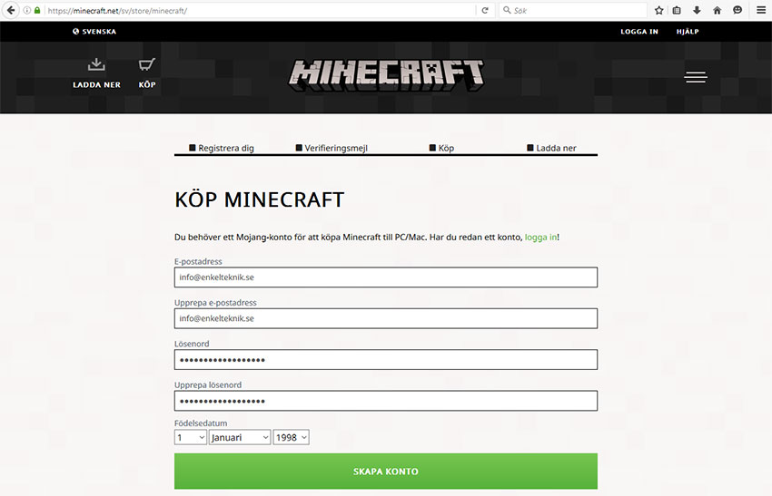 Köp Minecraft - Skapa ett nytt konto