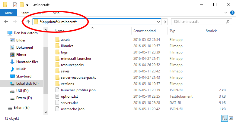 Minecraft - Appdata - Minecraft - Sökväg - Windows 10