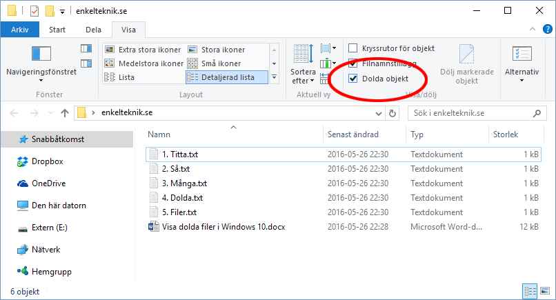 Visa dolda filer - Windows 10 - Dolda objekt