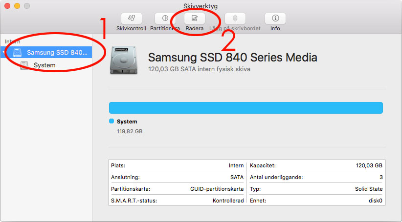 Mac OS X - Skivverktyg - Markera SSD - Radera