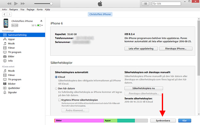 iTunes - Detalj - iPhone - Inställningar - Synkronisera