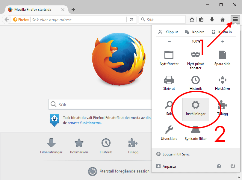 Firefox - Ta bort Cookies - Meny - Inställningar