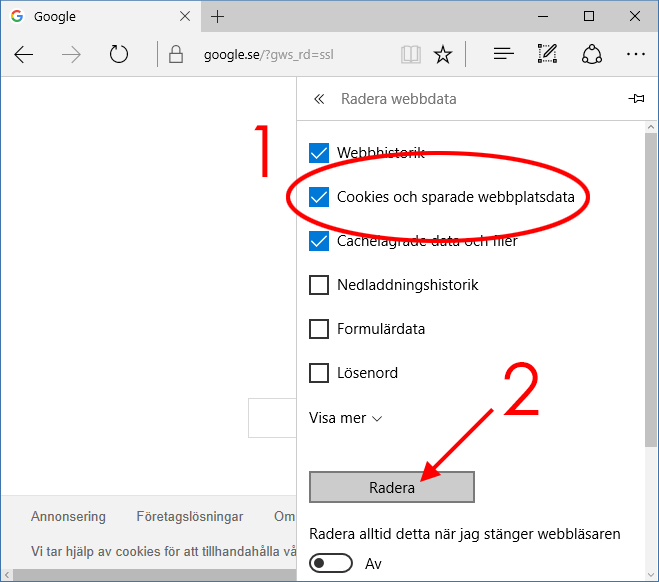 Microsoft Edge - Ta bort Cookies - Radera Cookies och webbplatsdata