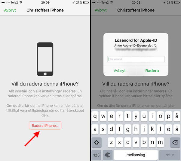 Radera stulen iPhone - Skriv in Apple-ID
