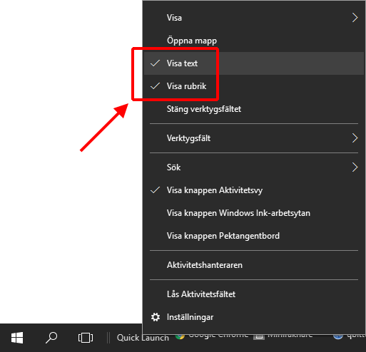 Snabbstart-menyn - Visa Text - Visa Rubrik - Windows 10 - Windows 7