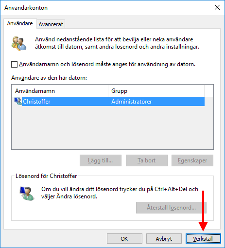Windows 10 - Verkställ - Användarkonton - Logga in automatiskt