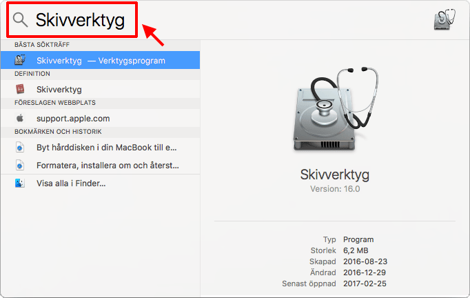 Mac - Sök - Skivverktyg - Disk Utility - Formatera hårddisk - Mac
