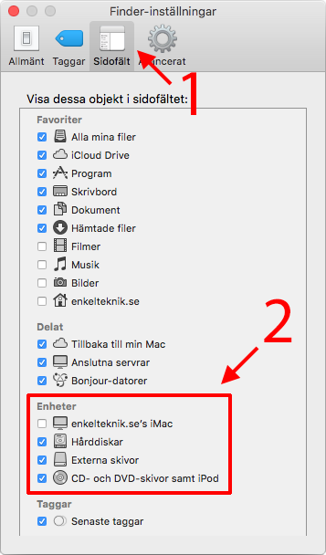 Apple - MacOS - Finder - Inställningar - Sidofält - Externa hårddiskar - USB