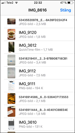 Lista över alla filer, bilder, filmer till en kontakt - iPhone