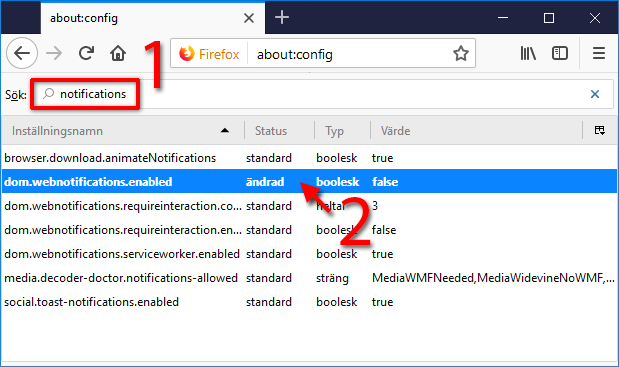 Firefox - dom.webnotifications.enabled - Ändrad - Aviseringar