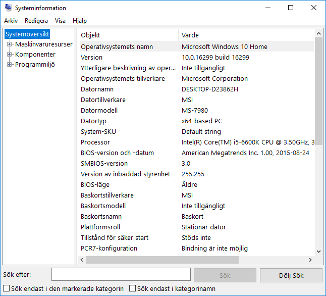 Windows 10 - Systeminformation - Översikt