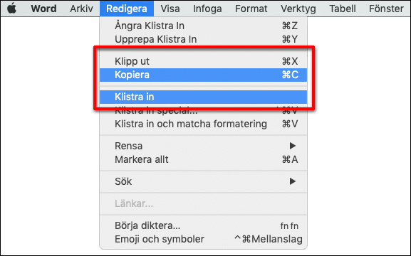 Mac OS - OSX - Kopiera - Klistra in- Klipp ut - Meny