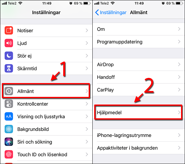 iPhone - Inställningar - Allmänt - Hjälpmedel - Automatisk ljusstyrka