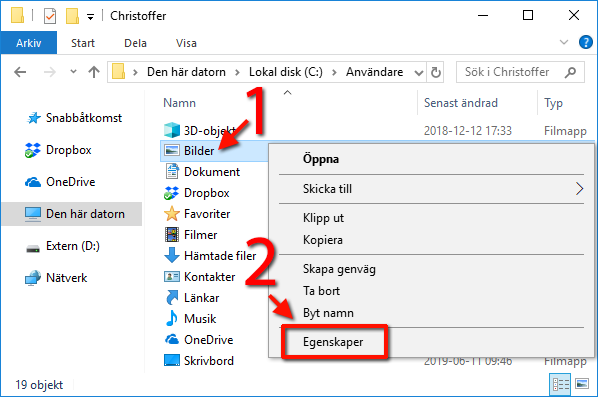 Användare - Windows 10 - Bilder - Dokument - Egenskaper