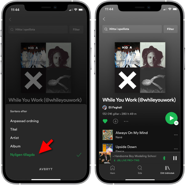 Spotify - Nyast låt först - Sortera spellista - iPhone - Android